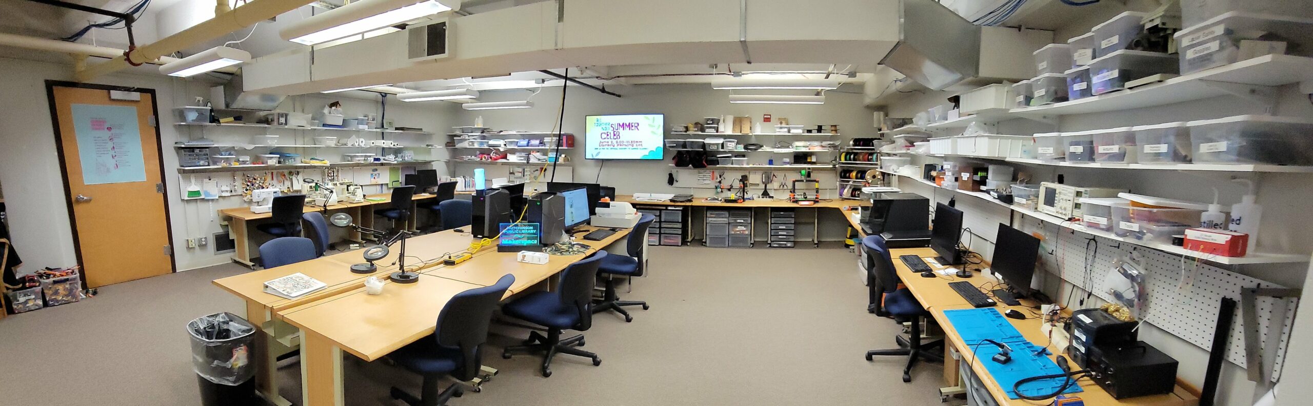 A picture of the HPL Makerspace, showing 3D printers, computers, and other creative machines.